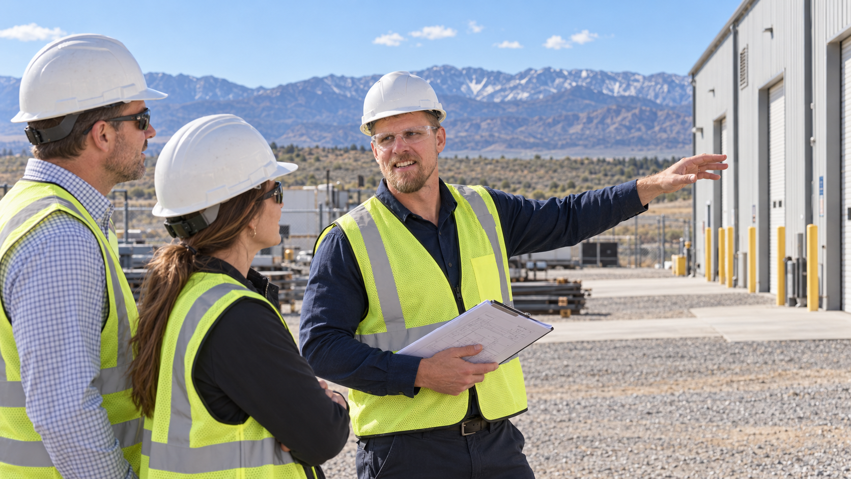 Joe Brown discussing an industrial property during a site visit with two clients in Northern Nevada