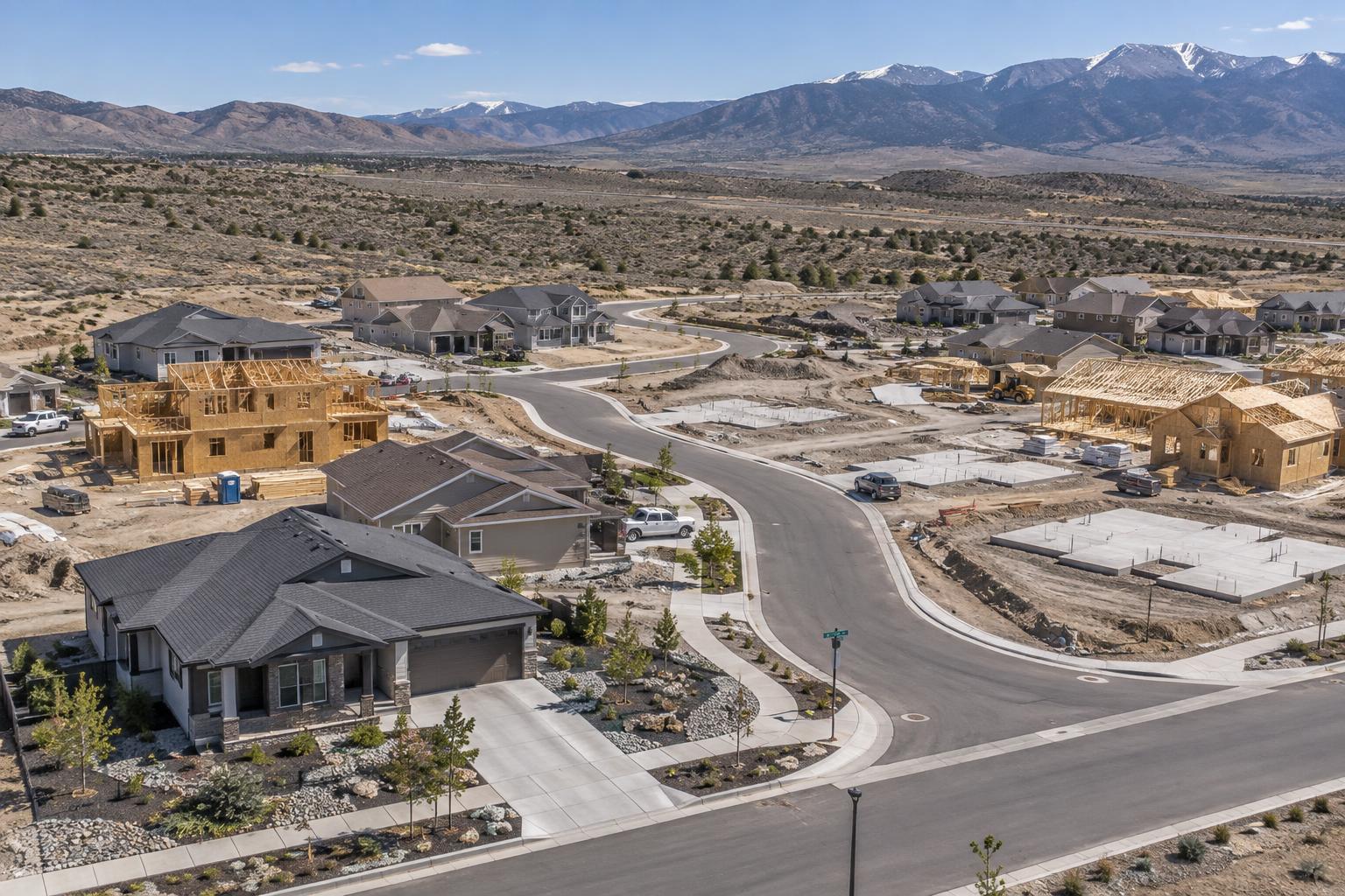 Aerial view of a Northern Nevada subdivision with homes at varying stages of construction, paved roads, sidewalks, and mountains in the distance